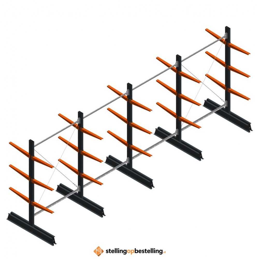 Aanbiedingsrij lichte draagarmstelling dubbelzijdig 2000x5100x500 3 niveaus