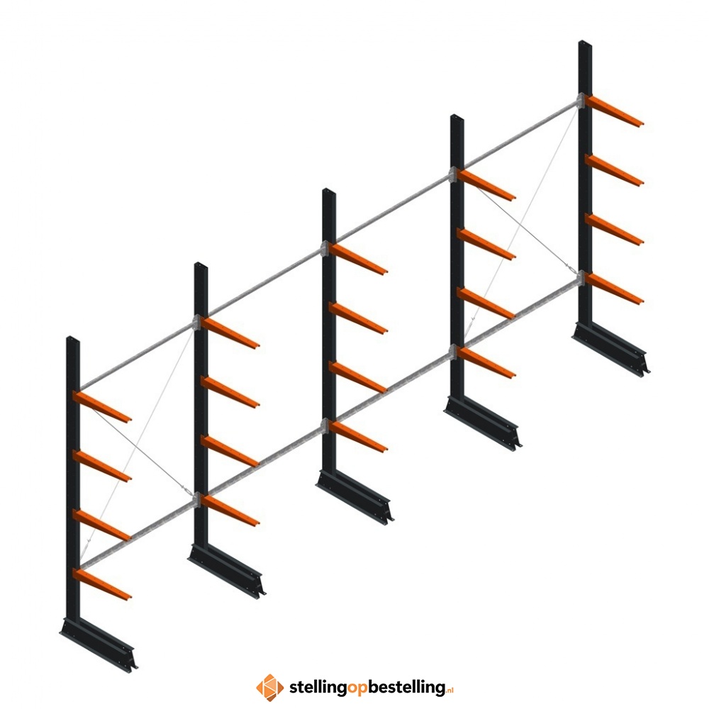 Aanbiedingsrij lichte draagarmstelling enkelzijdig 2500x5100x500 4 niveaus
