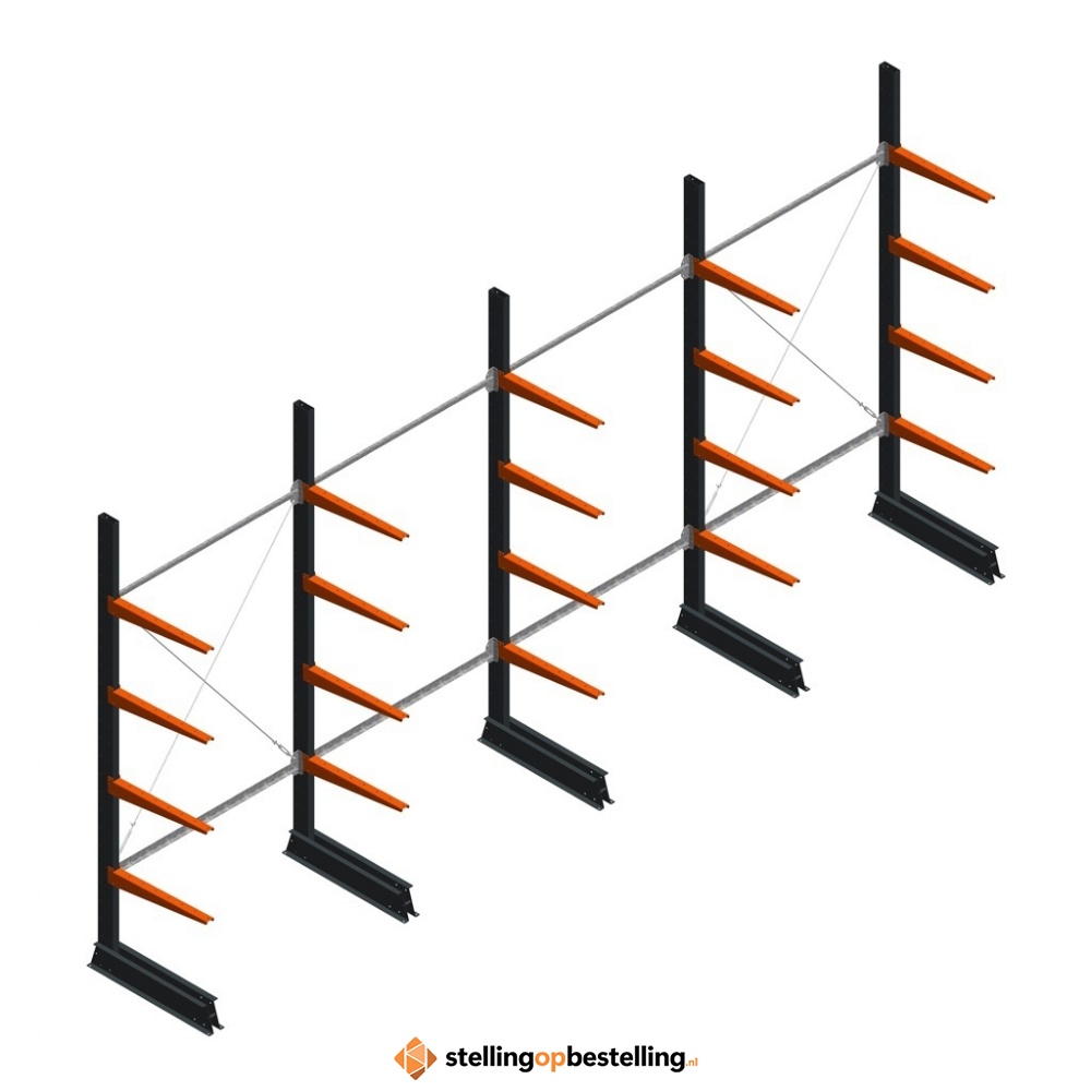 Aanbiedingsrij lichte draagarmstelling enkelzijdig 2500x5100x600 4 niveaus