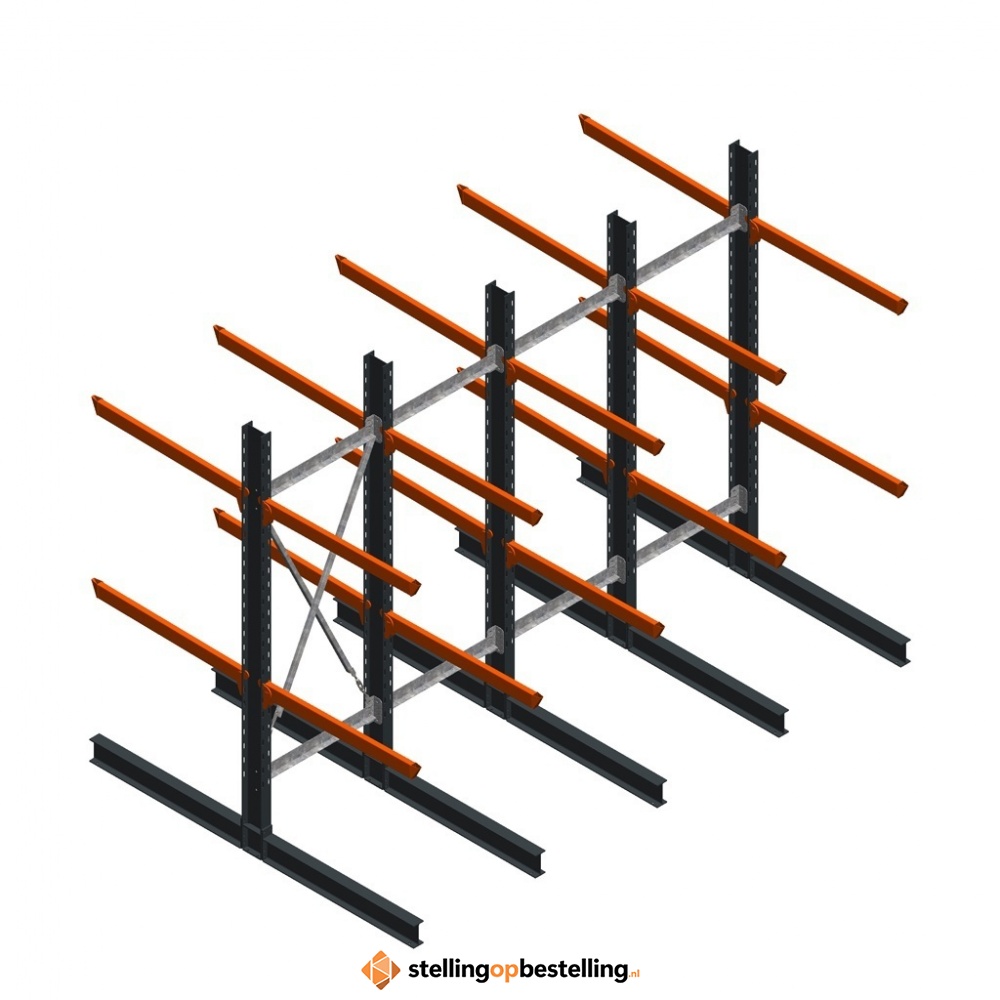 Aanbiedingsrij zware draagarmstelling dubbelzijdig 3000x4882 armlengte 1200 4 niveaus d345
