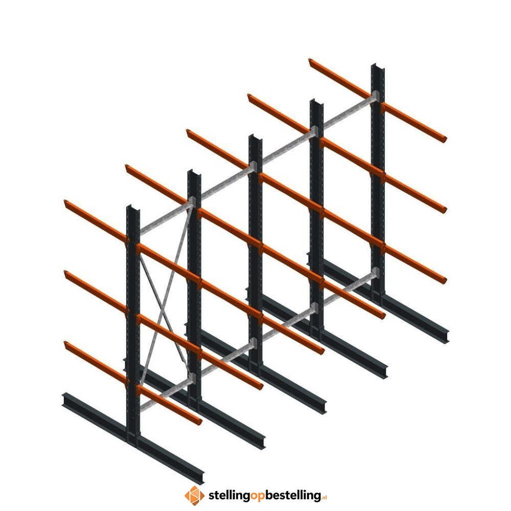 Aanbiedingsrij zware draagarmstelling dubbelzijdig 4000x4890 armlengte 1200 4 niveaus d650