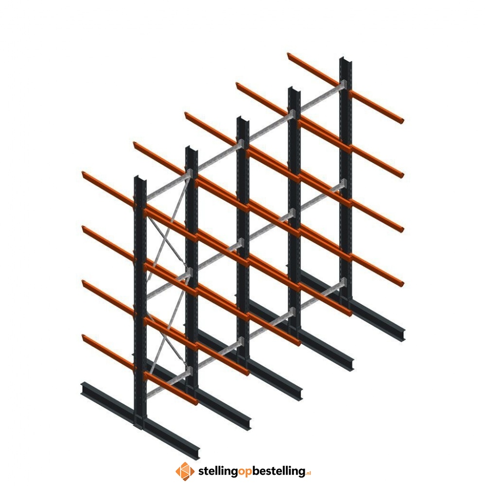 Aanbiedingsrij zware draagarmstelling dubbelzijdig 5000x4900 armlengte 1200 4 niveaus d650