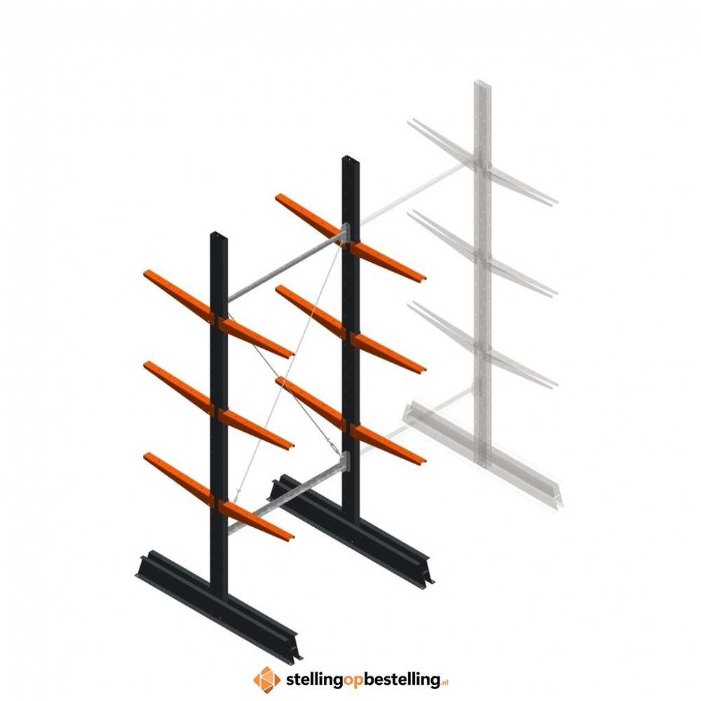 Lichte draagarmstelling dubbelzijdig 2500x1000x500 3 niveaus beginsectie