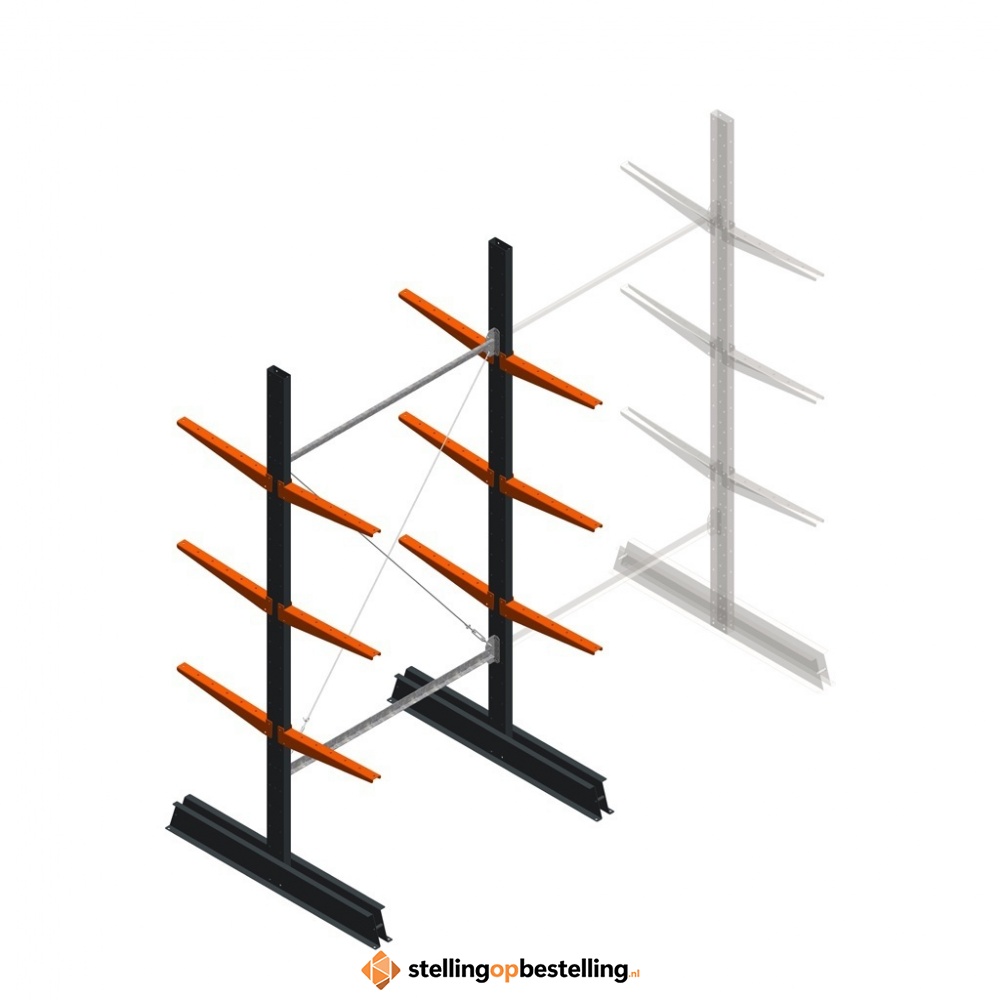 Lichte draagarmstelling dubbelzijdig 2500x1250x500 3 niveaus beginsectie