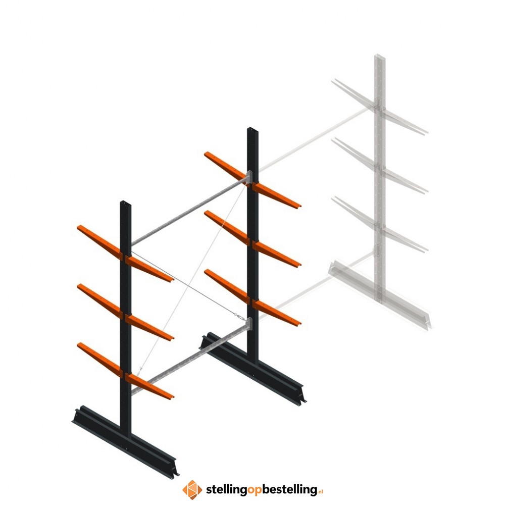 Lichte draagarmstelling dubbelzijdig 2500x1500x500 3 niveaus beginsectie
