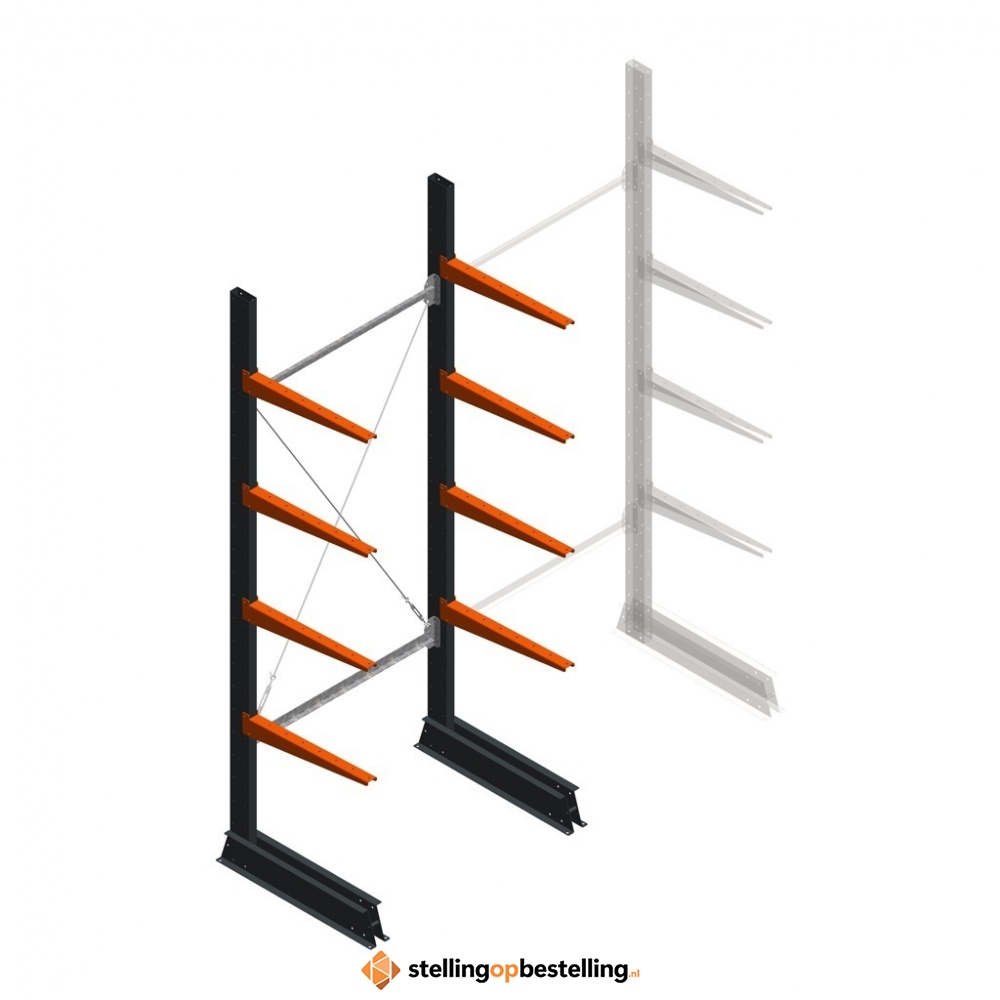 Lichte draagarmstelling enkelzijdig 2500x1000x600 4 niveaus beginsectie