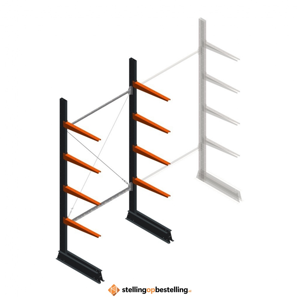 Lichte draagarmstelling enkelzijdig 2500x1250x600 4 niveaus beginsectie