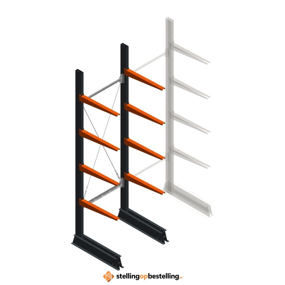 Lichte draagarmstelling enkelzijdig 2500x750x600 4 niveaus beginsectie