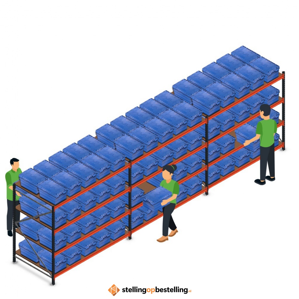 Voordeelrij AR bakkenkast 2000x6958x1200, 3 secties 4 niveaus met 120 distributiebakken