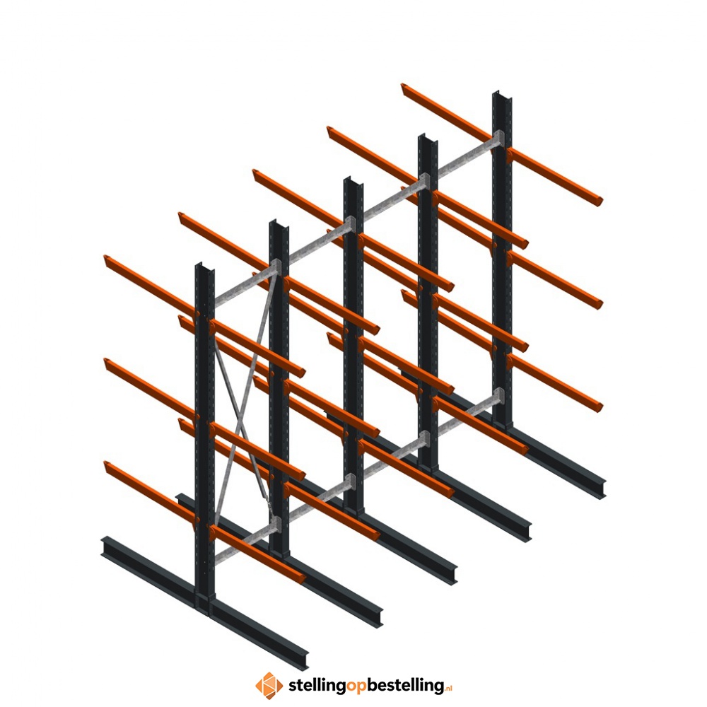 Voordeelrij zware draagarmstelling dubbelzijdig 4000x4091 armlengte 1200 3 niveaus