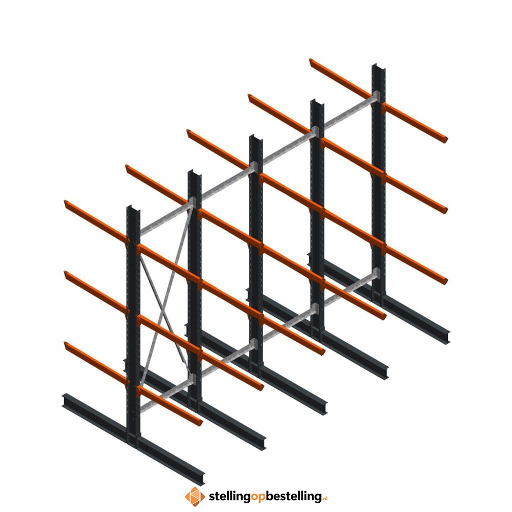 Voordeelrij zware draagarmstelling dubbelzijdig 4000x4890 armlengte 1200 3 niveaus