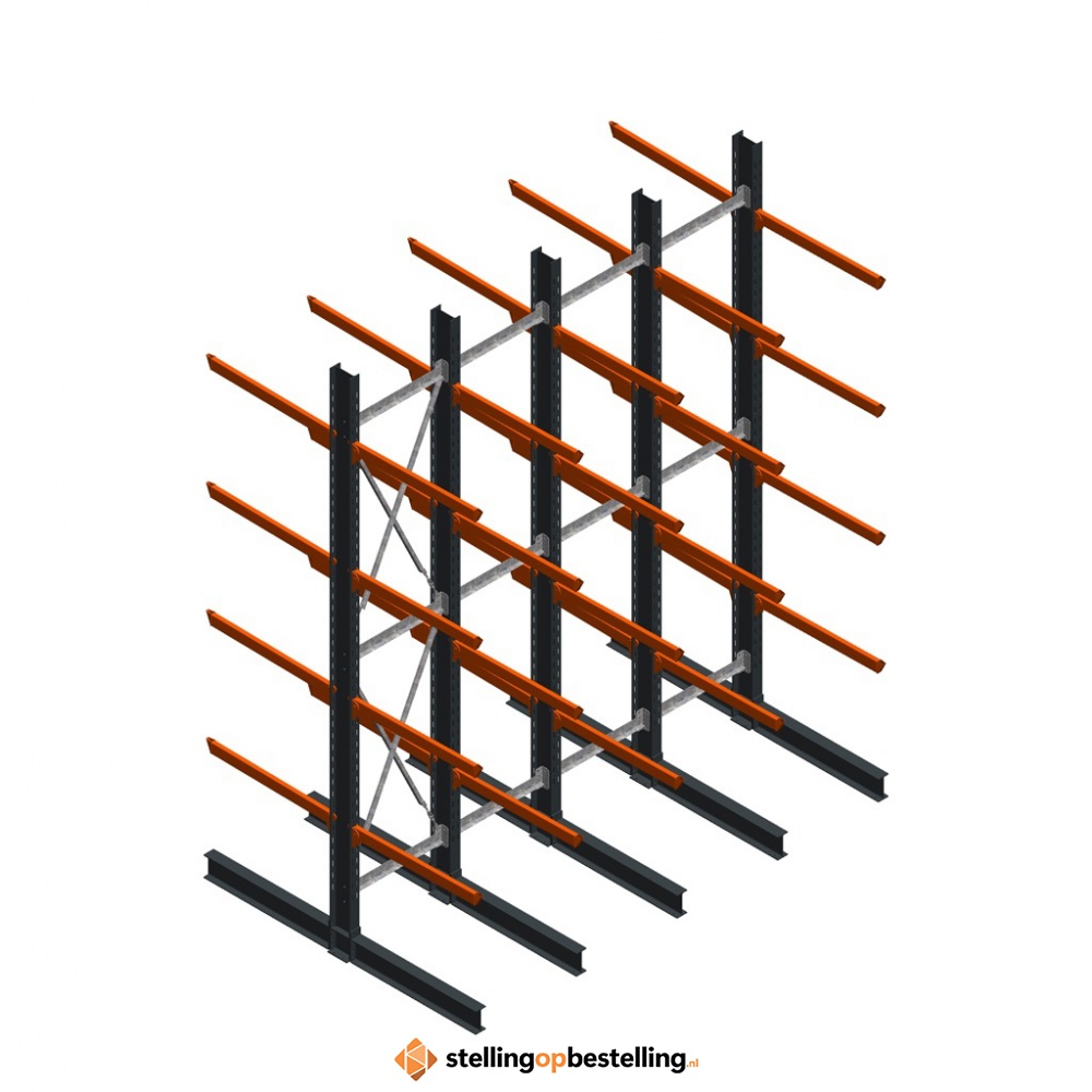 Voordeelrij zware draagarmstelling dubbelzijdig 5000x4100 armlengte 1200 4 niveaus