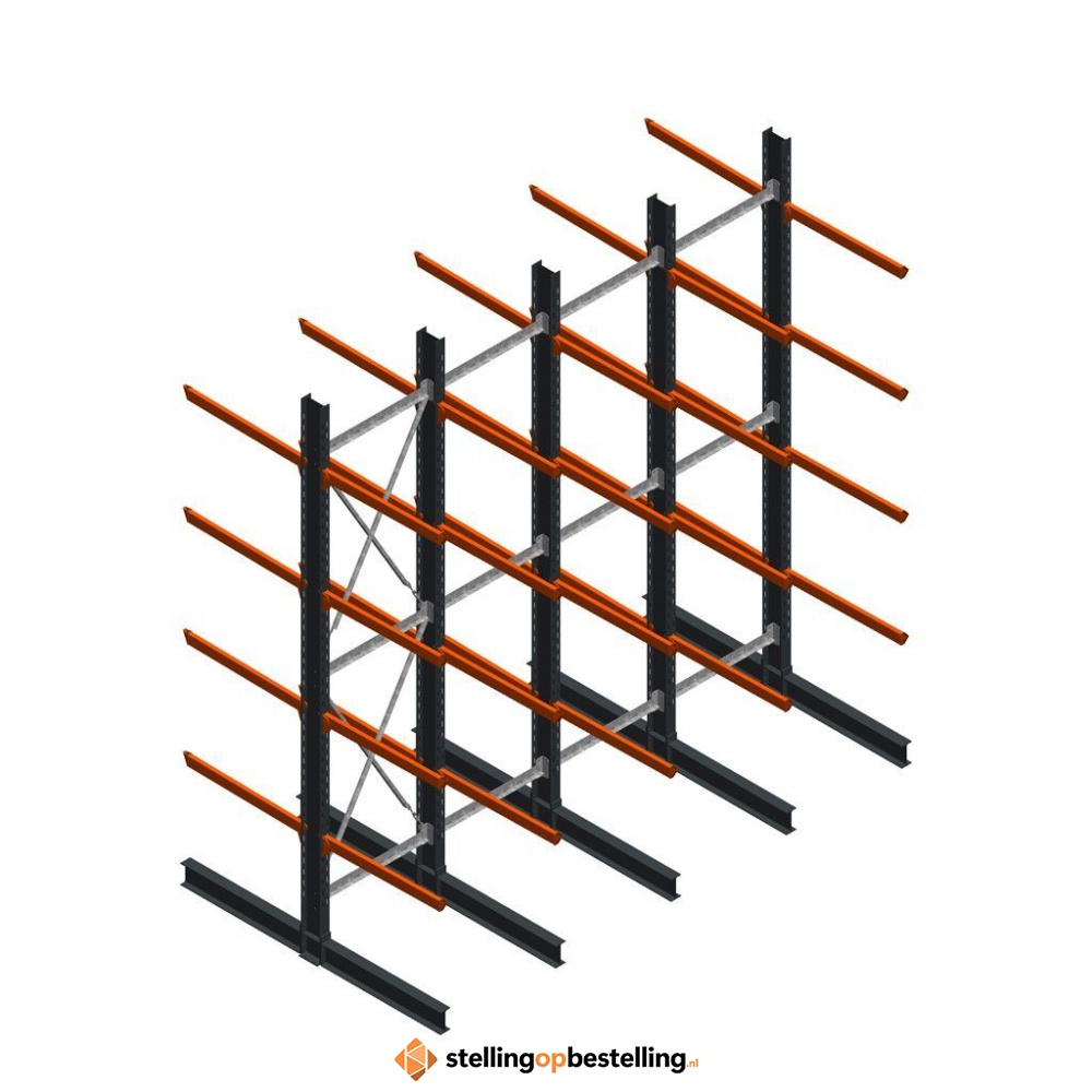 Voordeelrij zware draagarmstelling dubbelzijdig 5000x4900 armlengte 1200 4 niveaus
