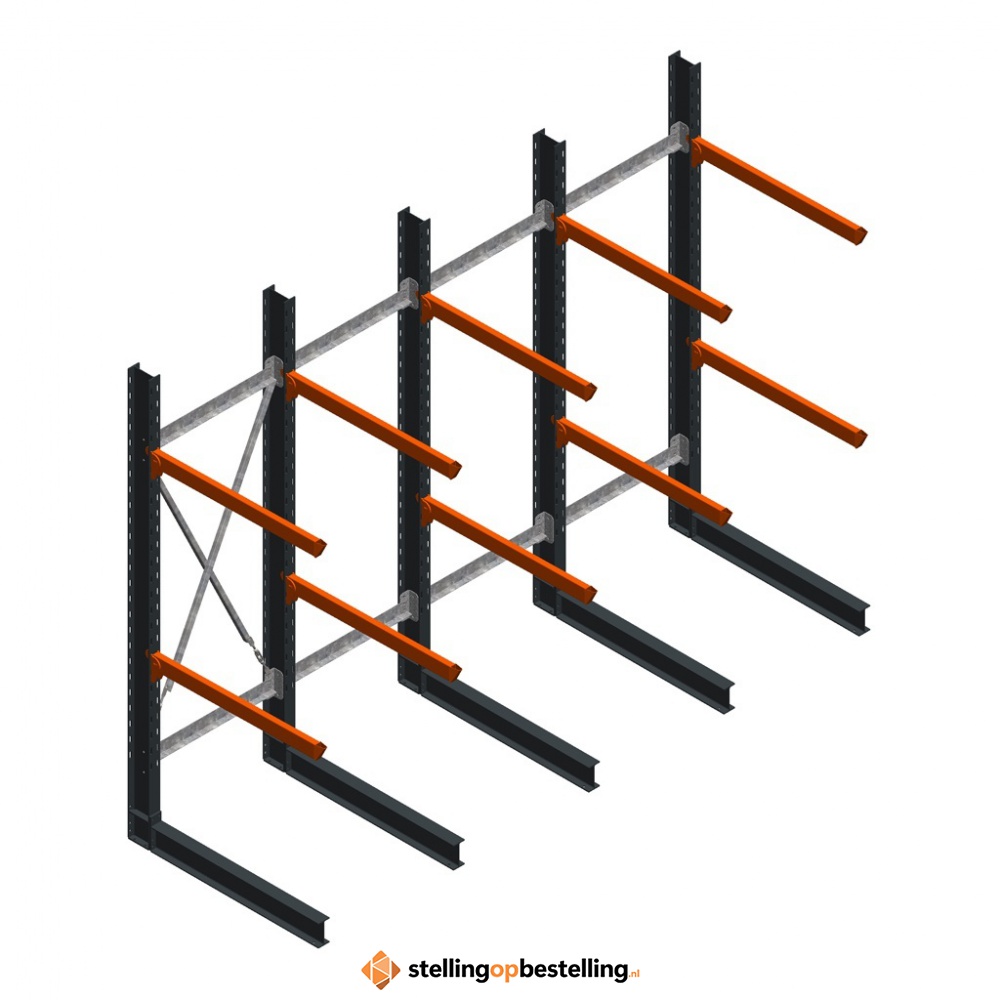 Voordeelrij zware draagarmstelling enkelzijdig 3000x4882 armlengte 1200 2 niveaus