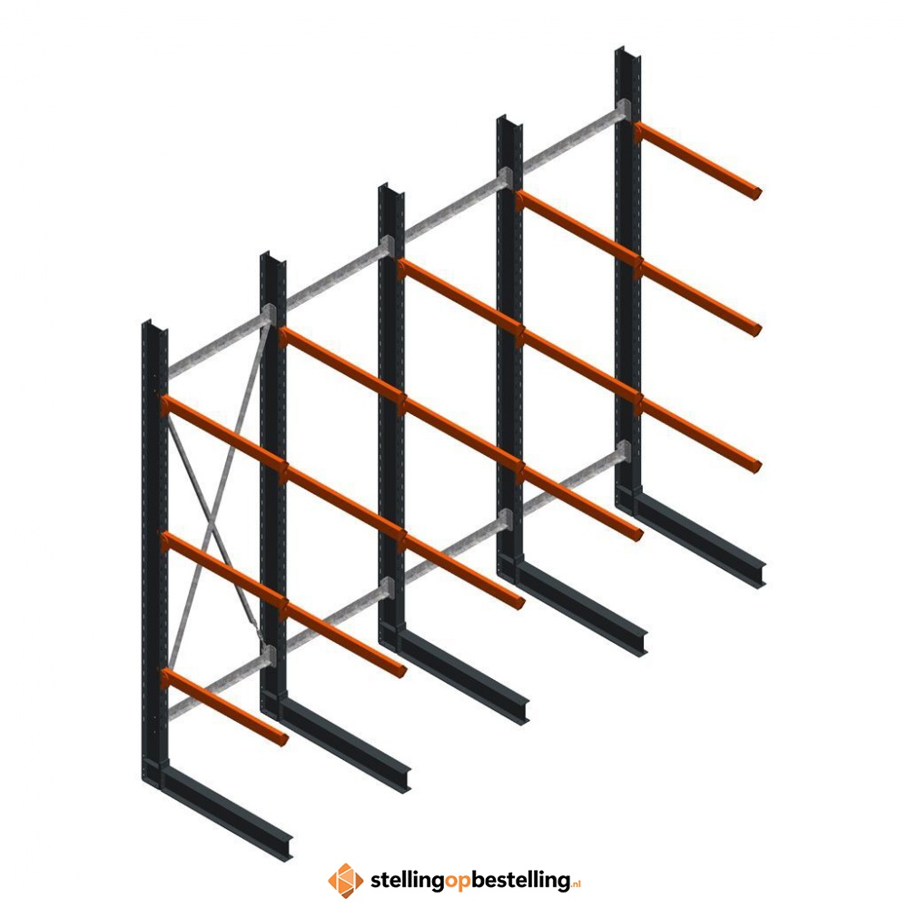 Voordeelrij zware draagarmstelling enkelzijdig 4000x4890 armlengte 1200 3 niveaus