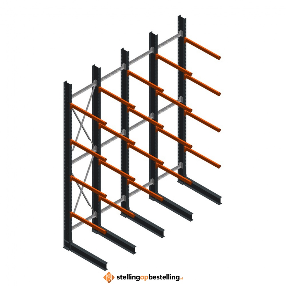 Voordeelrij zware draagarmstelling enkelzijdig 5000x4100 armlengte 1200 4 niveaus