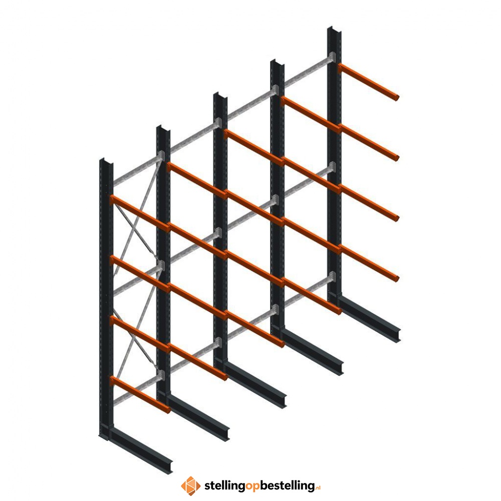 Voordeelrij zware draagarmstelling enkelzijdig 5000x4900 armlengte 1200 4 niveaus