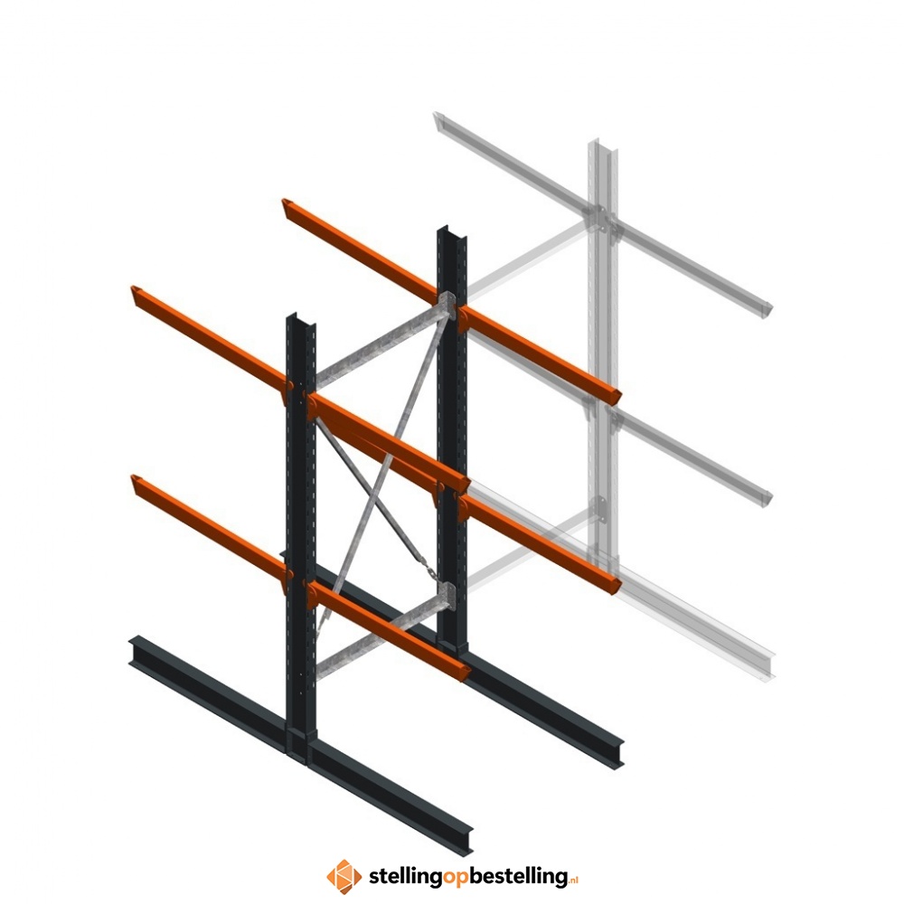 Zware draagarmstelling dubbelzijdig 3000x1200x1200 2 niveaus d650 beginsectie