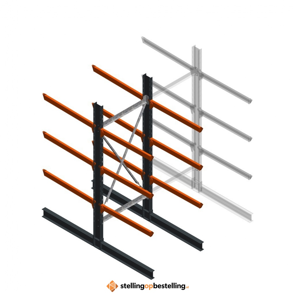 Zware draagarmstelling dubbelzijdig 3000x1200x1200 3 niveaus d345 beginsectie