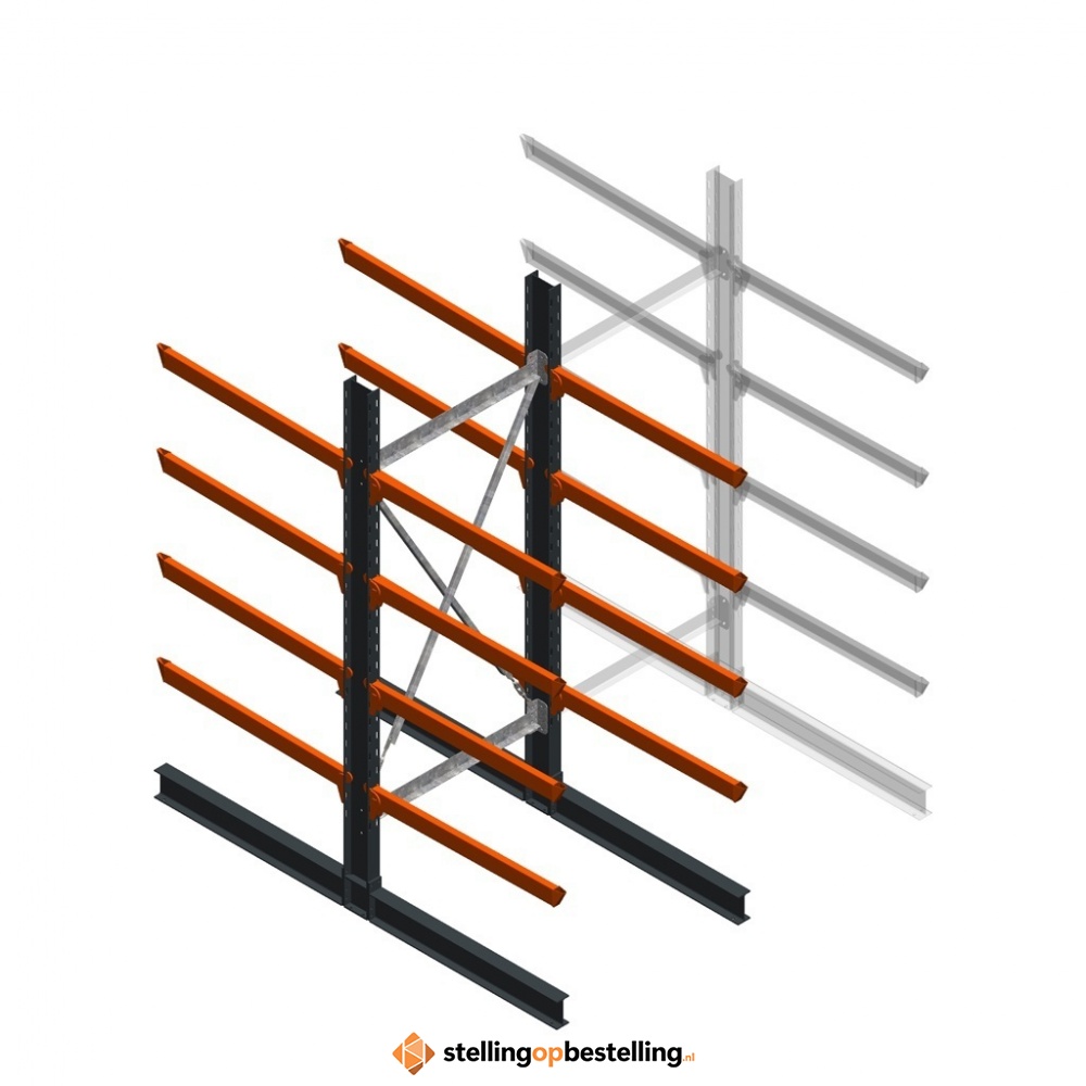 Zware draagarmstelling dubbelzijdig 3000x1200x1200 4 niveaus d650 beginsectie