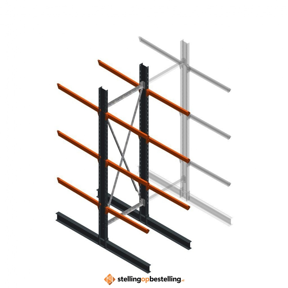 Zware draagarmstelling dubbelzijdig 4000x1200x1200 3 niveaus d345 beginsectie