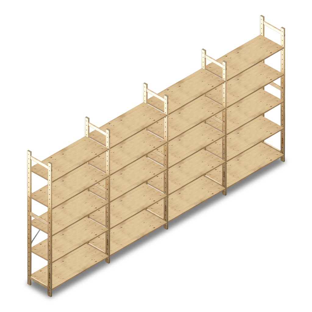 Voordeelrij houten Legbordstelling BT Combi 2080x4030x370 5 niveaus