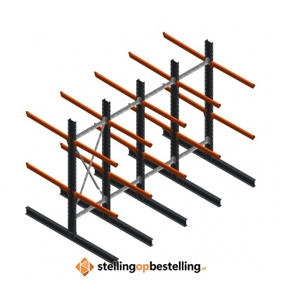 Aanbiedingsrij zware draagarmstelling dubbelzijdig 3000x4882 armlengte 1200 4 niveaus d650 Aanbiedingsrij zware draagarmstelling dubbelzijdig 3000x4882 armlengte 1200 4 niveaus d650