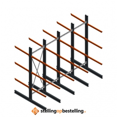 Aanbiedingsrij zware draagarmstelling dubbelzijdig 4000x4890 armlengte 1200 3 niveaus d650 Aanbiedingsrij zware draagarmstelling dubbelzijdig 4000x4890 armlengte 1200 3 niveaus d650