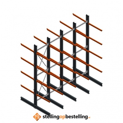 Aanbiedingsrij zware draagarmstelling dubbelzijdig 5000x4900 armlengte 1200 6 niveaus d345 Aanbiedingsrij zware draagarmstelling dubbelzijdig 5000x4900 armlengte 1200 6 niveaus d345