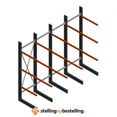 Aanbiedingsrij zware draagarmstelling enkelzijdig 4000x4890 armlengte 1200 3 niveaus d650 Aanbiedingsrij zware draagarmstelling enkelzijdig 4000x4890 armlengte 1200 3 niveaus d650