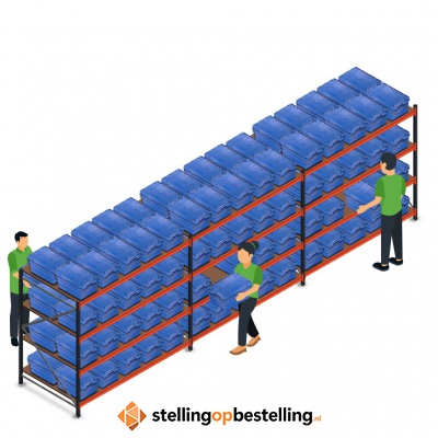 Voordeelrij AR bakkenkast 2000x6958x1200, 3 secties 4 niveaus met 120 distributiebakken