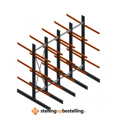 Voordeelrij zware draagarmstelling dubbelzijdig 4000x4091 armlengte 1200 3 niveaus