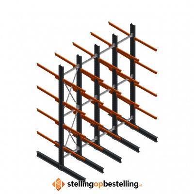 Voordeelrij zware draagarmstelling dubbelzijdig 5000x4100 armlengte 1200 4 niveaus